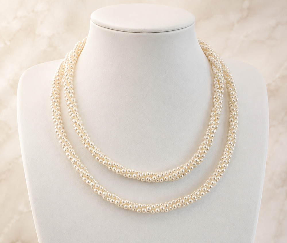 Vintage Faux Pearl Necklace 30” Triple Strand Bridal Classic Hollywood glamour